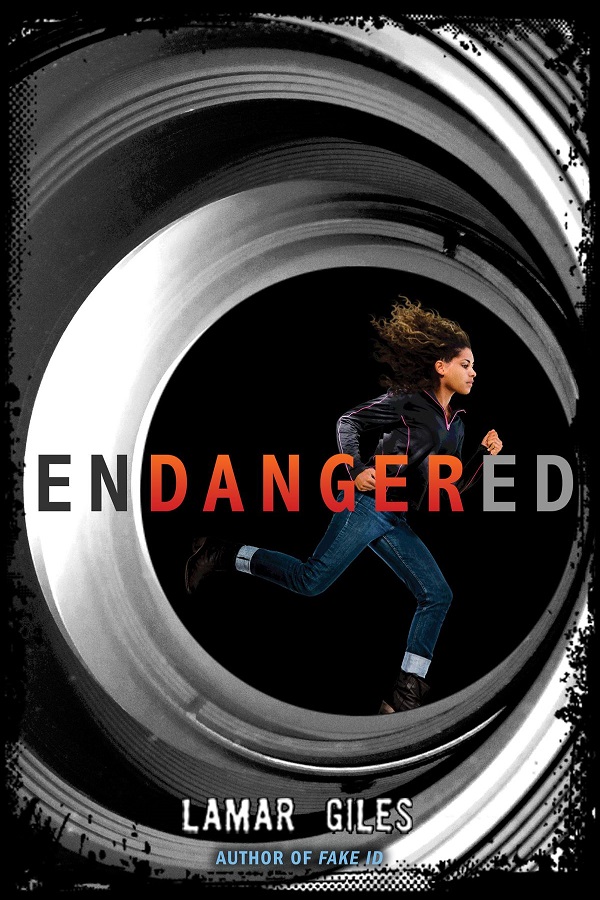 Cover of Endangered by Lamar Giles. A multi-racial teen girl runs, framed by a camera lens
