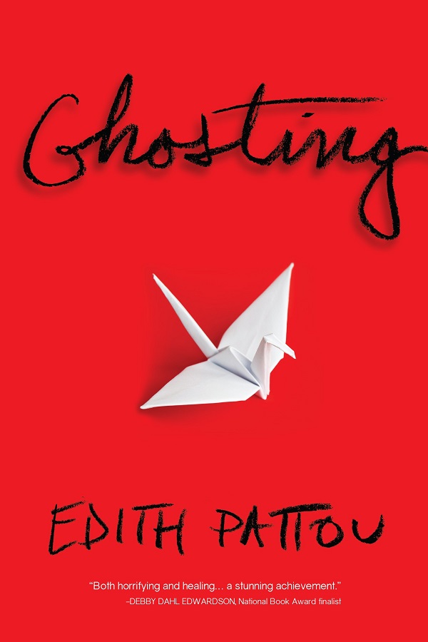 Cover of Ghosting by Edith Pattou. An origami crane on a plane red background