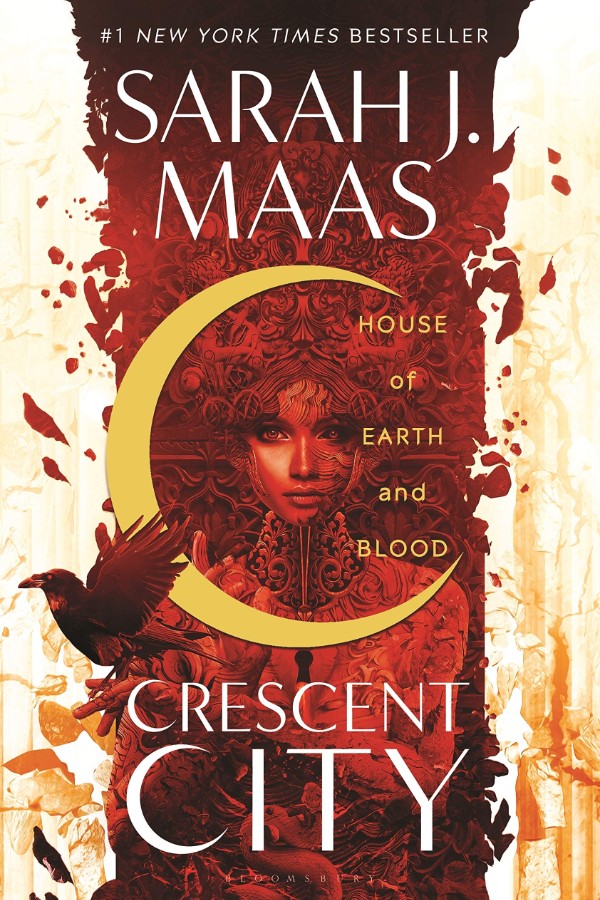 Cover of House of Earth and Blood, with a woman illustrated in all red with a crescent moon around her face and a bird perched on her right