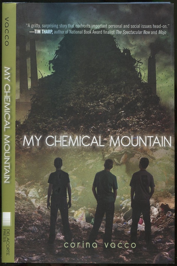 Cover of My Chemical Mountain by Corina Vacco. Three shadowy boys stand in front of a hug pile of trash, with industrial chimneys in the background