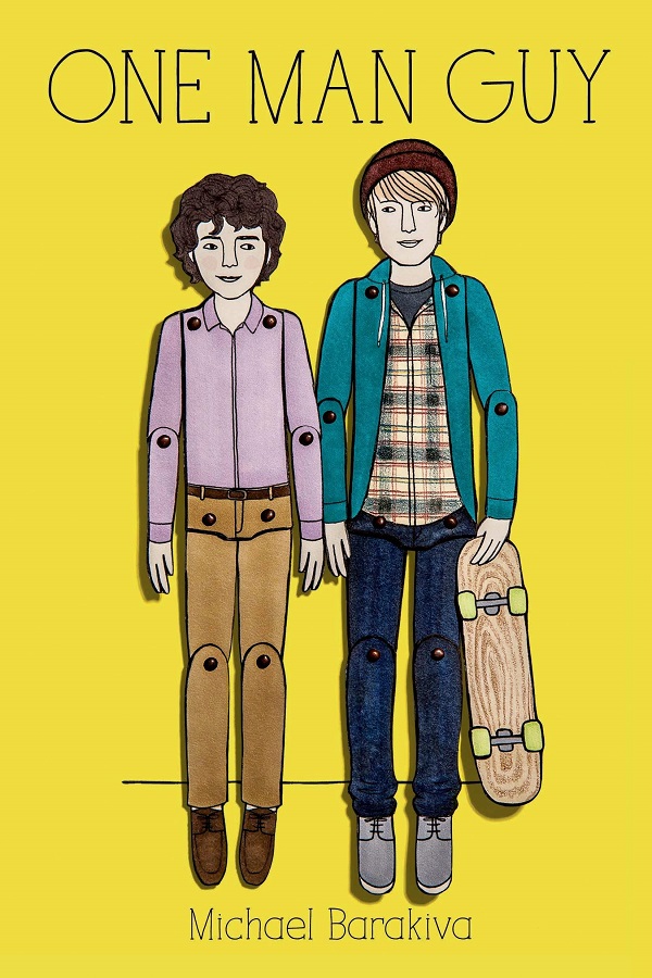 Cover of One Man Guy by Michael Barakiva. Two marionettes shaped like a couple of young men, smile at each other