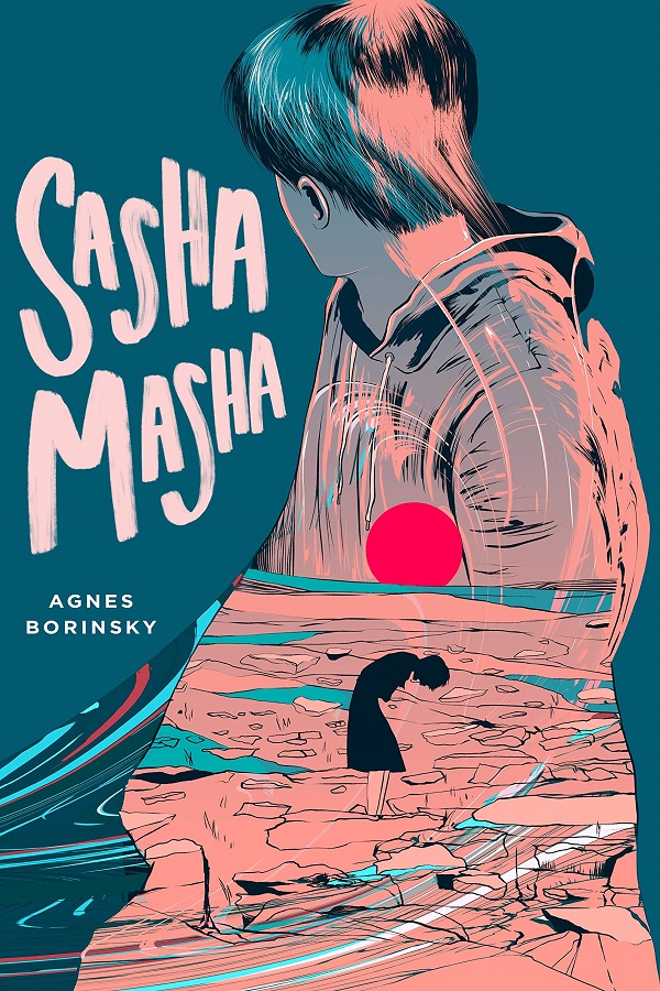 Cover of Sasha Masha by Agnes Borinsky. A two tone drawing of of a non bianary figure on the beach, surmounted by another non bianary figure in a hoodie