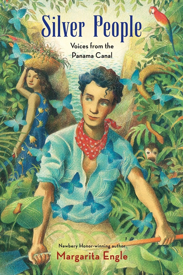 Cover of Silver People, by Margarita Engle. A Hispanic man carrying a shovel grins at a Native woman with a basket on her head.