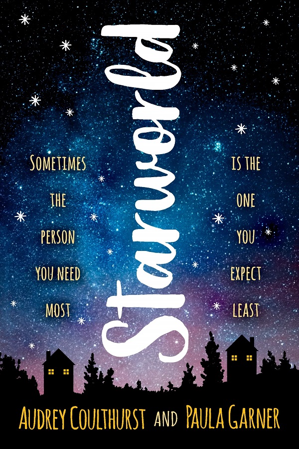 Cover of Starworld by Paula Garner and Audrey Coulthurst. Two houses at night under a stary sky