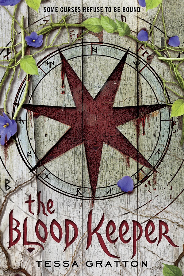 Cover of The Blood Keeper by Tessa Gratton. A red star carved into a wooden background, surrounded by herbs and flowers