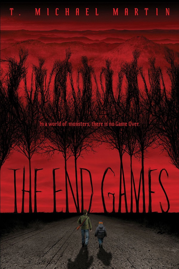 Cover of The End Games by T. Michael Martin. A teenager and a young boy walk down a road toward a blood red sky filled with smokey monsters