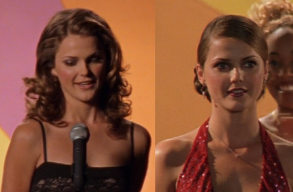 Felicity looking gorgeous in two different screenshots from the pageant, one with her hair down and one with it up