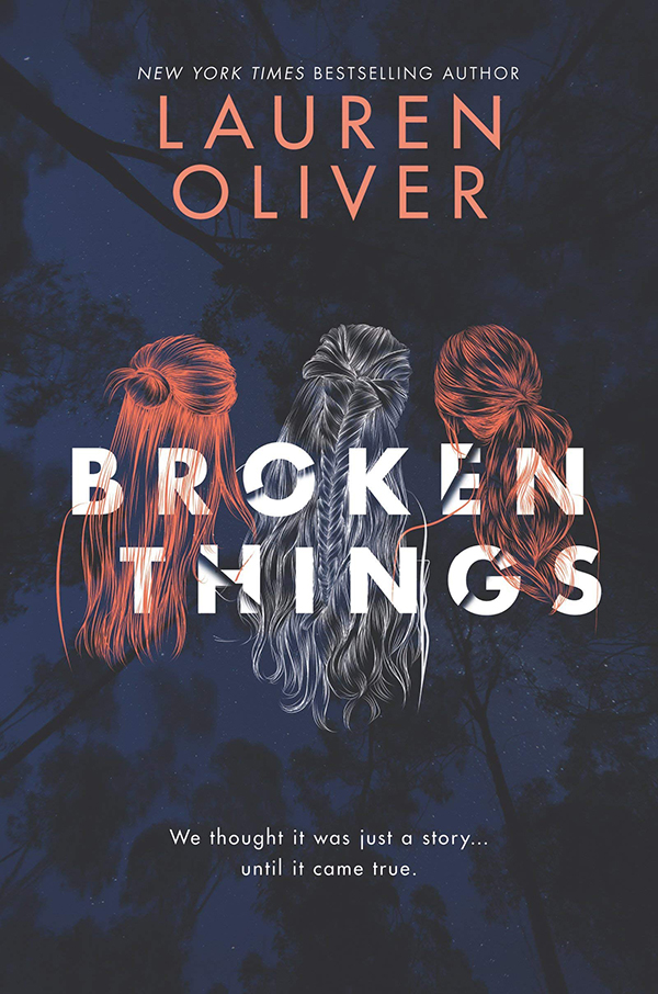 Cover of Broken Things, with an illustration of the back of three girls' heads