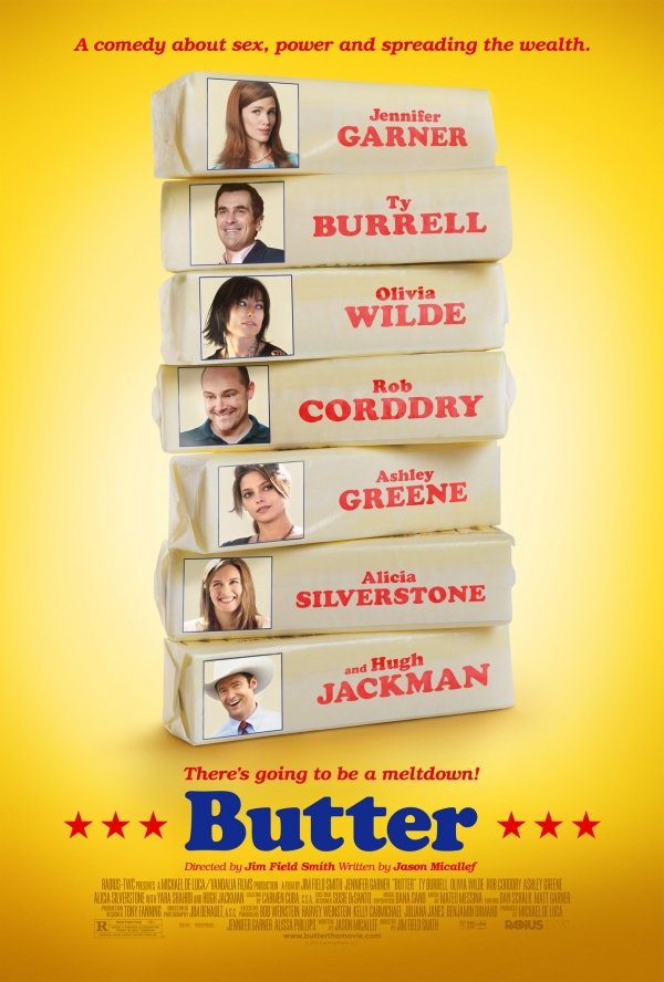 Sticks of butter piled on top of each other with the cast pictures and names on the sides.