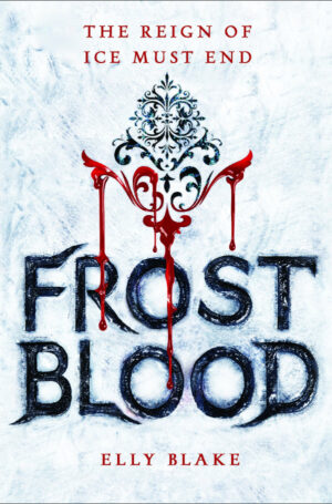 Cover of Frostblood, featuring a filigree ornament dripping blood on top of a field of white ice.