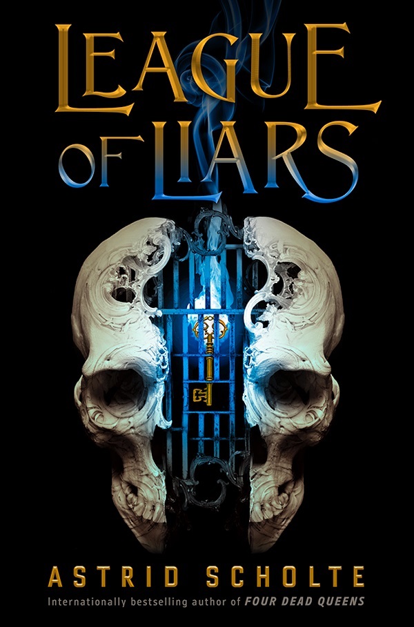 Cover of League of Liars, featuring a skull split in half with a prison door guarding a smoking key in between.