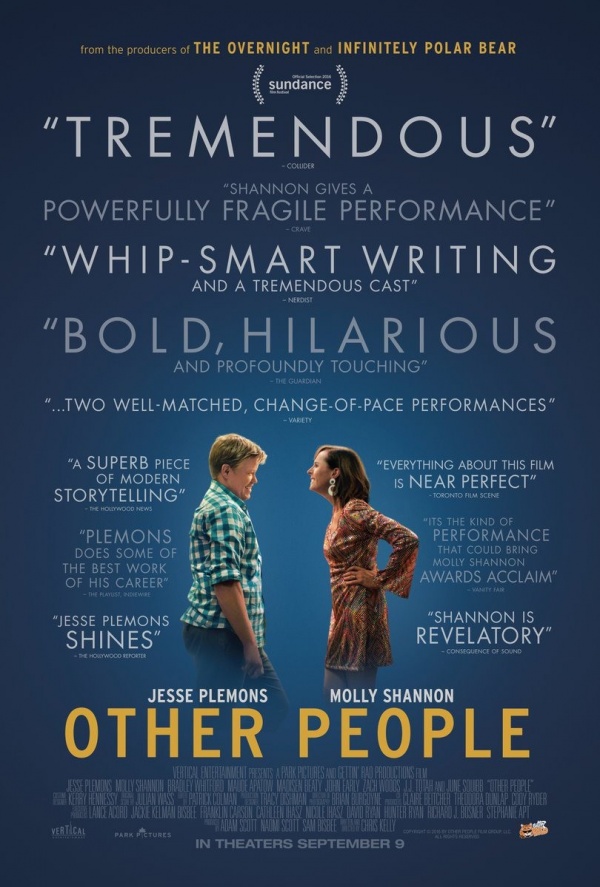 A man and woman standing across from each other on a blue background surrounded by praise for the movie.