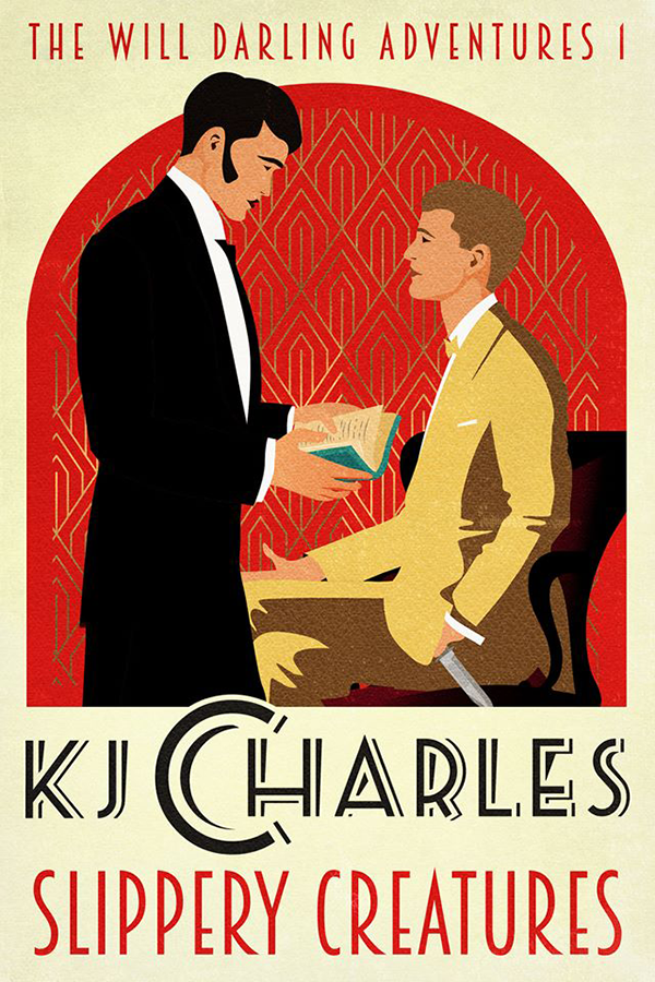 A man sits, holding a knife at his side, and a man stands over him in a tux, holding an open book.