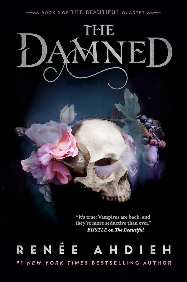 Cover of The Damned, featuring a human skull on a black background surrounded by flowers with smoke coming out of its eye socket