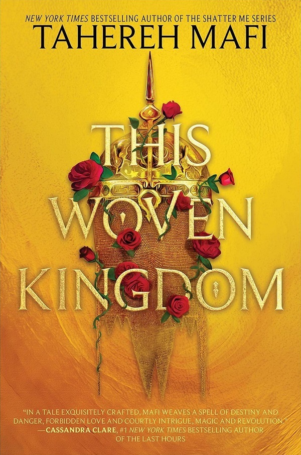 Gold armor with roses woven through it and "This Woven Kingdom" written in gold