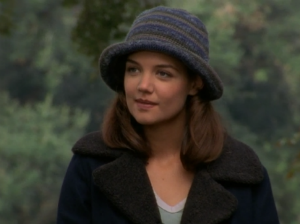 Joey, looking otherwise very beautiful standing in the woods, is wearing an awful crocheted bucket hat