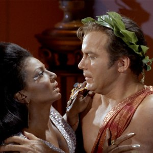 Kirk and Uhura about to kiss in the Star Trek episode 'Plato's Children'