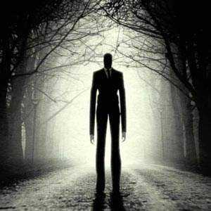 Illustration of a freakishly tall human silhouette with super long arms and legs, standing in a forest 