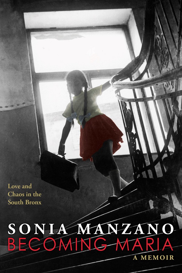 Cover of Becoming Maria by Sonia Manzano. A young Puerto Rican girl in a red skirt descends stairs in what looks like an apartment builting