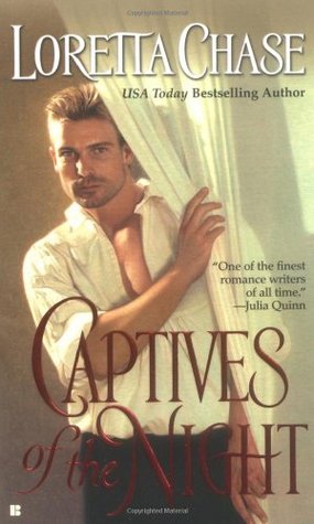 Cover of Captives of the Night, with a white blonde man in a loose white shirt pulling a curtain back