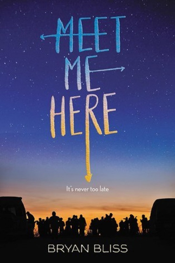 Cover of Meet Me Here by Bryan Bliss. Shadows of teens partying in a field.