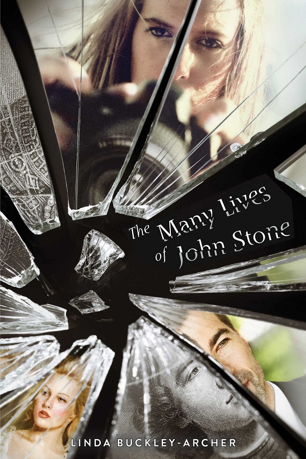 Cover of The Many Lives of John Stone by Linda Buckley-Archer. A shattering mirror reflects a male and female face, with some of the male faces as old timey sketches