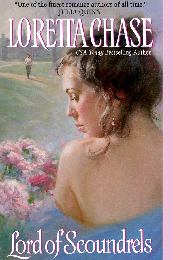 Cover of Lord of Scoundrels, with a white woman baring her shoulder with the countryside in the distance