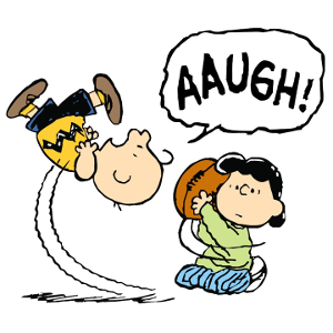 Lucy from Peanuts pulling the football away from Charlie Brown as he goes to pick, making him fall.