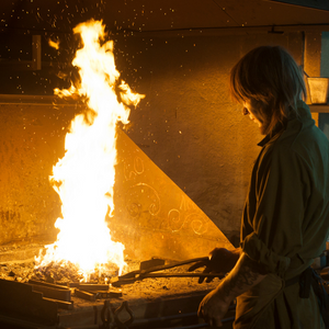 A person stands over a hot forge with tongs as a huge flame of fire spurts up.