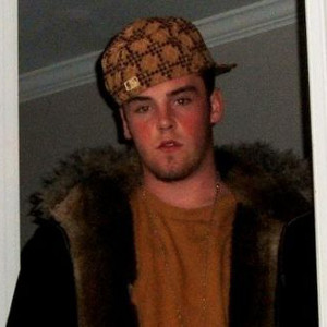 A guy wearing a backwards flannel baseball hat and a fur coat; Scumbag Steve meme.