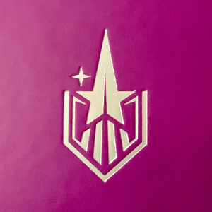 A logo: a pink background with a gold star-shaped ship taking off.