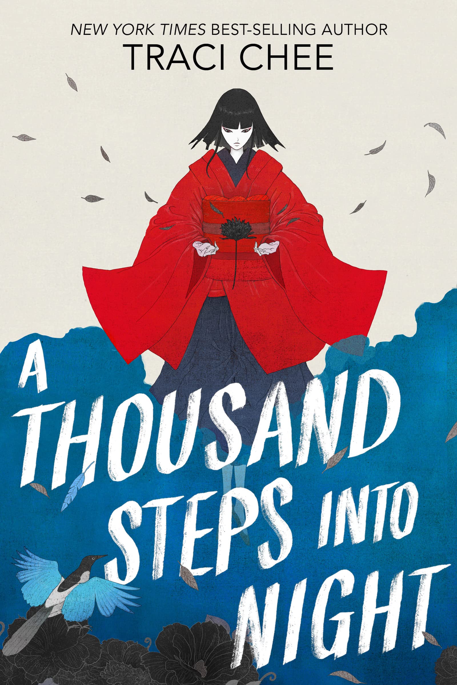 Cover of A Thousand Steps into Night, featuring a young woman in a red robe with feathers around her in front of a blue cloud