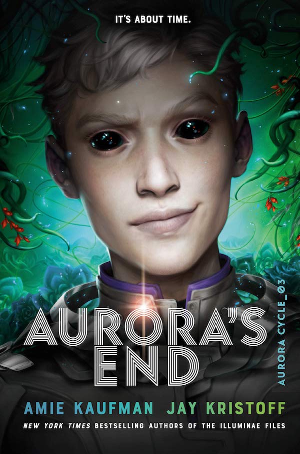 Cover of Aurora's End, featuring a grey-skinned person with black eyes in front of a background filled with sinister vegetation.