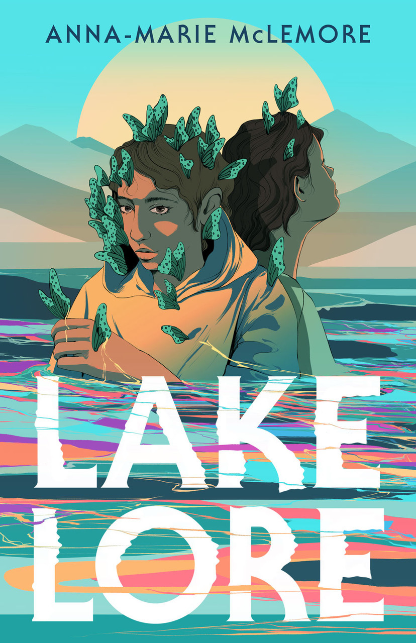 Cover of Lakelore, featuring two people covered in butterflies half-submerged in colorful water.