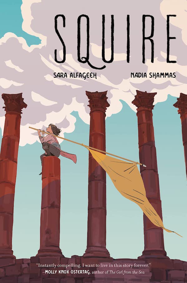 Cover of Squire, featuring a young woman sitting on a broken pillar holding an orange flag in front of a cloudy blue sky