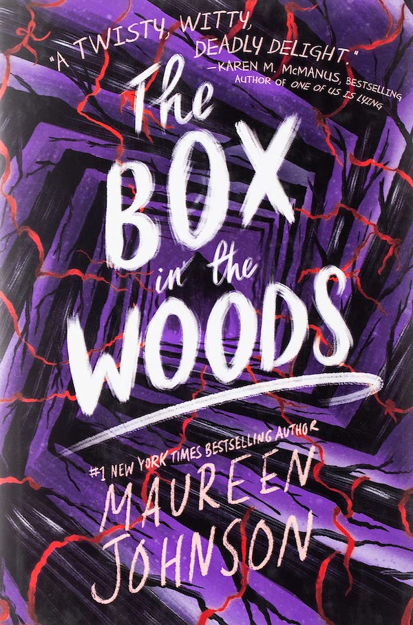 Cover of The Box in the Woods, featuring a twisted hallway in purple with spooky trees and red cracks running throughout.