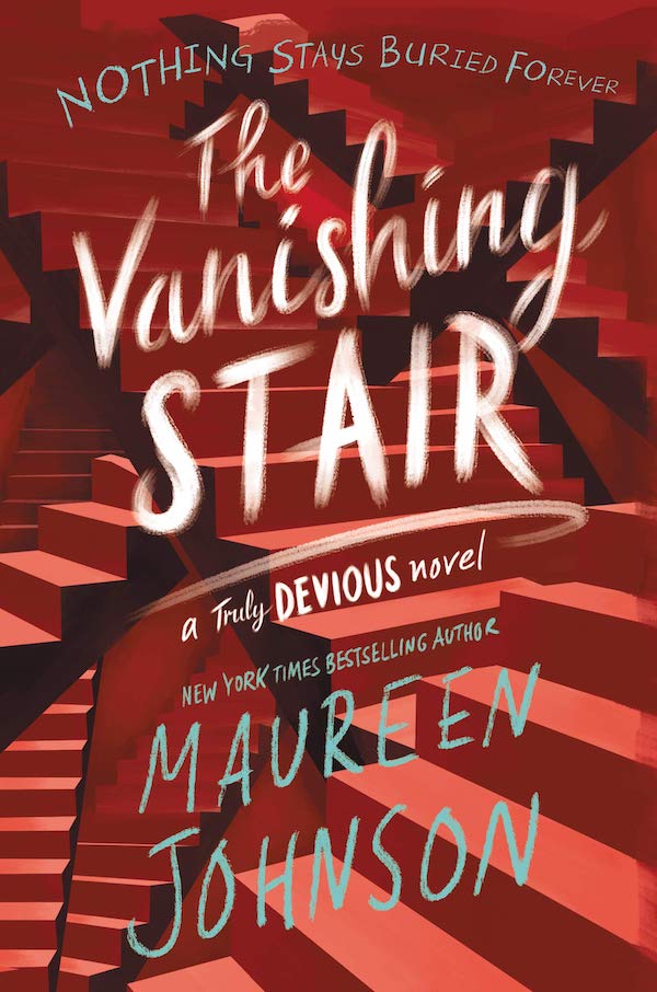 Cover of The Vanishing Stair, featuring a lot of red staircases.