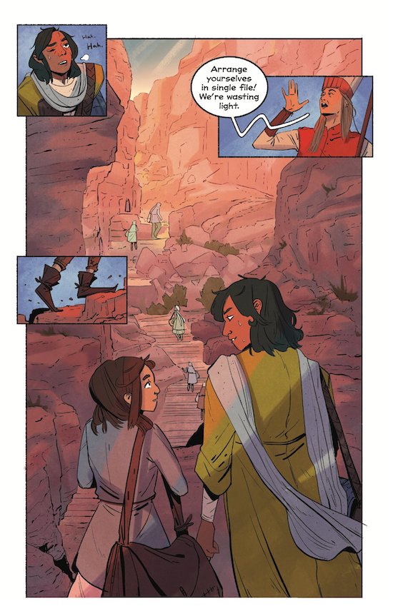 A page from Squire with two characters talking in front of a path through a canyon