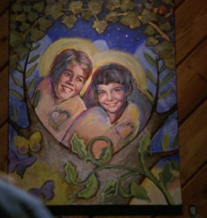 A painting of young Joey and Dawson encircled by heart-shaped vines, butterflies and the night sky.