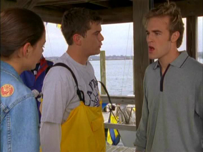 Dawson, Pacey and Joey all stand on the dock, Dawson yelling at them, Pacey looking defensive and Joey looking like she wants to jump into the sea.