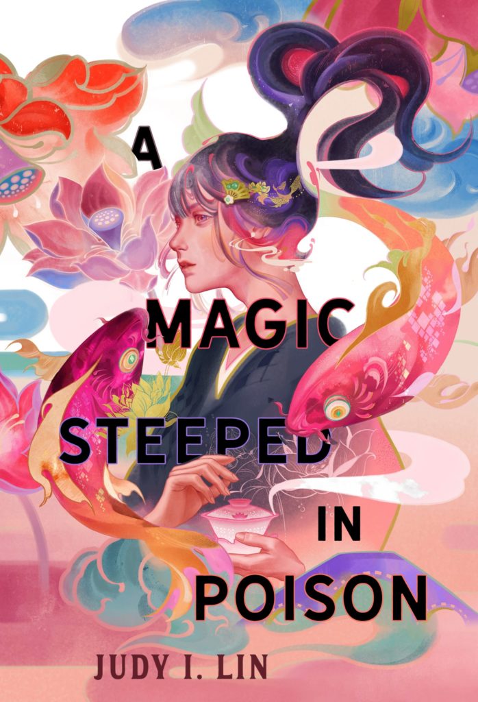 A girl with purple and black hair holds a pot of tea, and around her swirls colorful images of flowers and fish emanating from the steam.