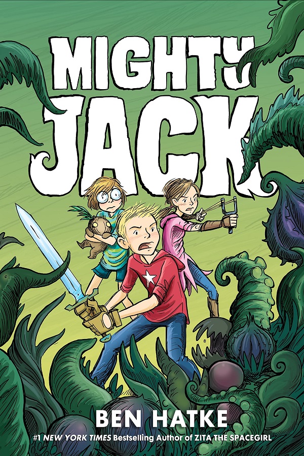 Cover of Mighty Jack by Ben Hatke. A boy wields a sword at a plant monster, flanked by a girl brandishing a slingshot and a younger girl holding a strange baby