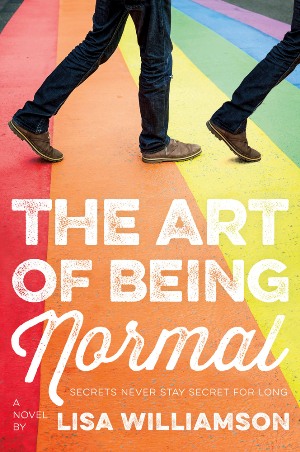 American cover of The Art of Being Normal by Lisa Williamson. Two sets of feet walk across a rainbow floor