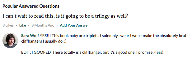 The author responding to a Goodreads question that this is a trilogy and she accidentally wrote a cliffhanger.