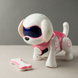 A white robot dog looks at a white bone