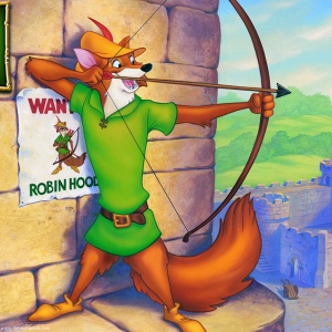 The cartoon fox version of Robin Hood, holding a bow and arrow