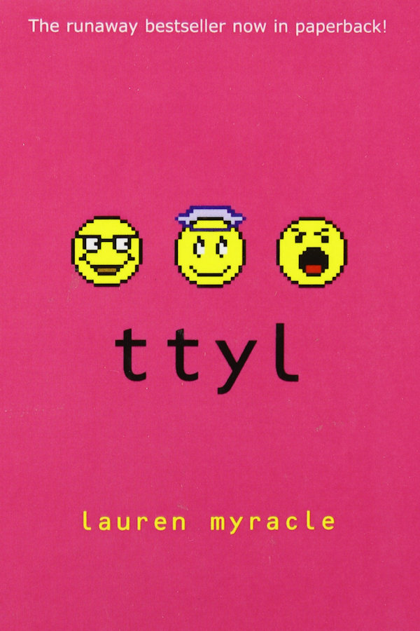 Internet smiley faces (in glasses, with a halo, and mouth open) and the title of the book on a hot pink background.