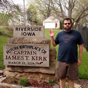 Brian in Riverside, IA, at the Captain Kirk birthplace monument