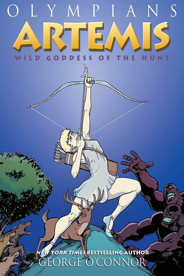 Cover of Artemis: Wild Goddess of the Hunt. Artemis aims a bow at the title as two giants menace her, a stag cowers under her legs as dogs attack it