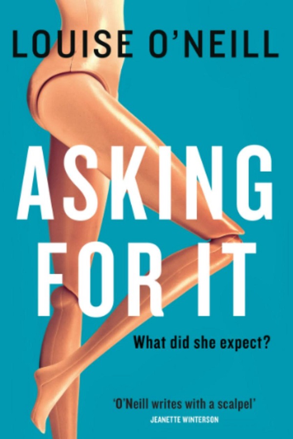 Cover of Asking for It by Louise O'Neill. A wooden, articulated doll, shot from the waist down